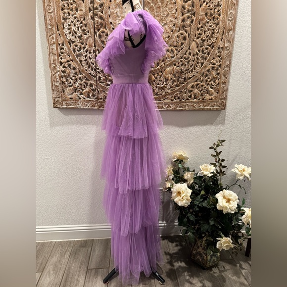 Faeriesty Plunging Neck Backless Ruffle Trim A Line Dress, Lavender- size XS - Picture 5 of 13